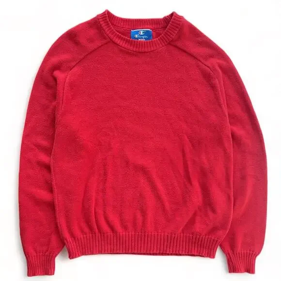 Vintage Knit Champion Crewneck Sweater Red USA Made Solid Unisex L 80s 90s - Picture 6 of 9